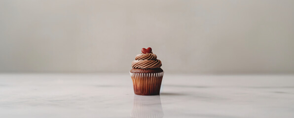 Chocolate cupcake muffin with red heart on whipped mocha mousse on grey background. Banner template for love, sweets, poster, and cards for party, birthday and Valentine's day with place for text.