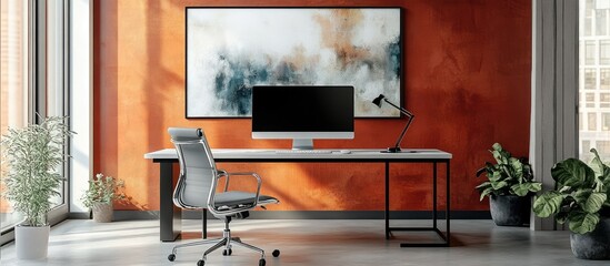 Modern Home Office with Orange Wall and Minimalist Decor