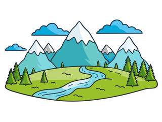 Naklejka premium Serene Mountain Landscape River, Clouds, Snowcapped Peaks, Trees