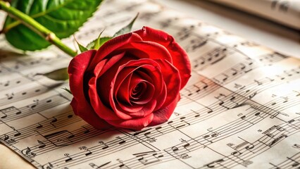 A single red rose is placed on a musical note page with various musical notes surrounding it, creating a harmonious and elegant atmosphere , harmony, sound