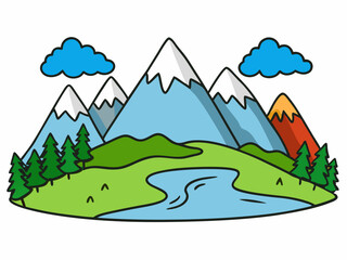 Obraz premium Serene Mountain Lake Landscape Blue Peaks, Green Valley, Clouds