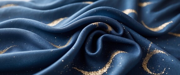 Richly Textured Fabric Waves in Midnight Blue and Glittering Gold Accents