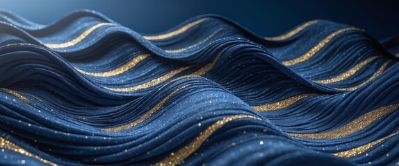 Richly Textured Fabric Waves in Midnight Blue and Glittering Gold Accents