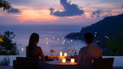 A couple enjoying a romantic dinner with candles and a stunning view