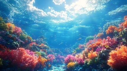 Naklejka premium Vibrant Underwater Coral Reef Scene Colorful Tropical Fish and Sunlit Ocean