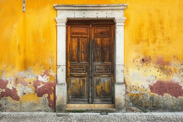  Yellow concrete wall with old wooden door in european city. Detailed photo textured background