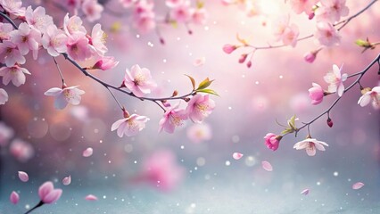 Fototapeta premium Softly falling pink sakura petals against a gentle misty background, pastel hues