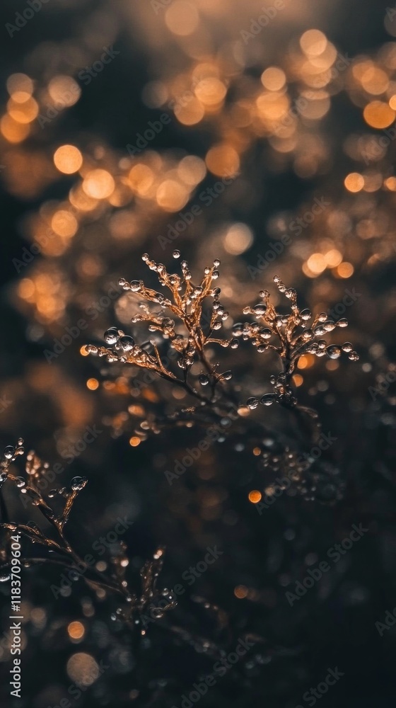 Poster Petals of Future Dusk shimmer with a layer of dew droplets, capturing the enchanting glow of twilight. Soft bokeh lights create a dreamy atmosphere, enhancing the beauty of nature