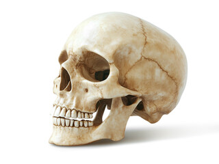 Human skull isolated on white background, showcasing detailed bone structure.