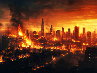 Fototapeta premium cityscape engulfed in flames, with buildings crumbling and smoke billowing into the sky