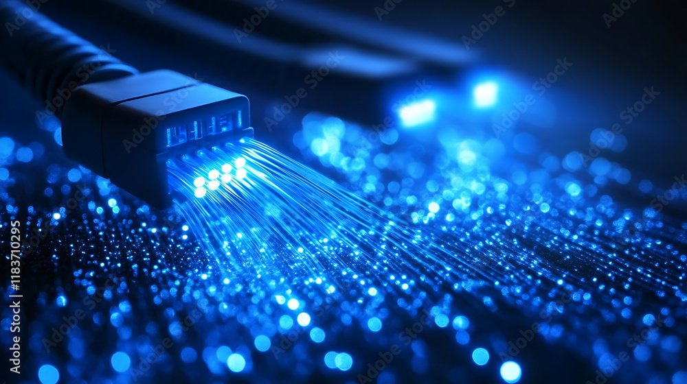 Poster Luminous blue network connection with sparkling dots background, based on