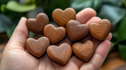 Many wooden heart gently in a hand of leader. Representing leader with caring, empathy and respect. Gentle and supportive.
