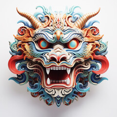 Intricate 3D folk art style dragon mask with vibrant colors and fierce expression.
