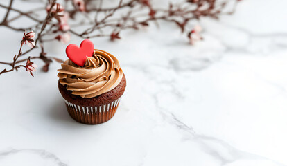 Chocolate cupcake with a red heart on whipped mocha mousse on kitchen background. banner template for love, sweets, poster, and cards for party, birthday and Valentine's day with place for text.