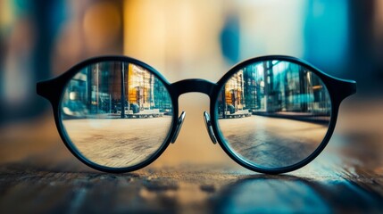 Glasses with visual focus. Life reflection. Life evaluation. Representing vision and decision of our future life.