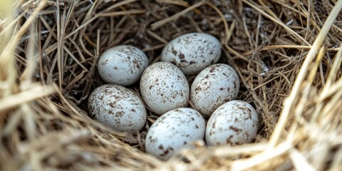 Obraz premium Eggs in the nest, close-up, straw background, natural lighting.