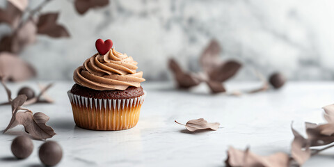 Vanilla cupcake muffin with a red heart on whipped mocha mousse on kitchen background. banner template for love, sweets, poster, and cards for party, birthday and Valentine's day with place for text.