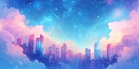 Dreamy Cityscape Under a Starry Sky With Shooting Stars