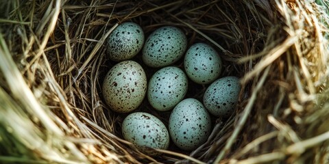 Obraz premium Eggs in the nest, close-up, straw background, natural lighting.
