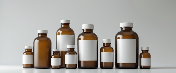 Various Sizes of Brown Medicine Bottles with Blank Labels