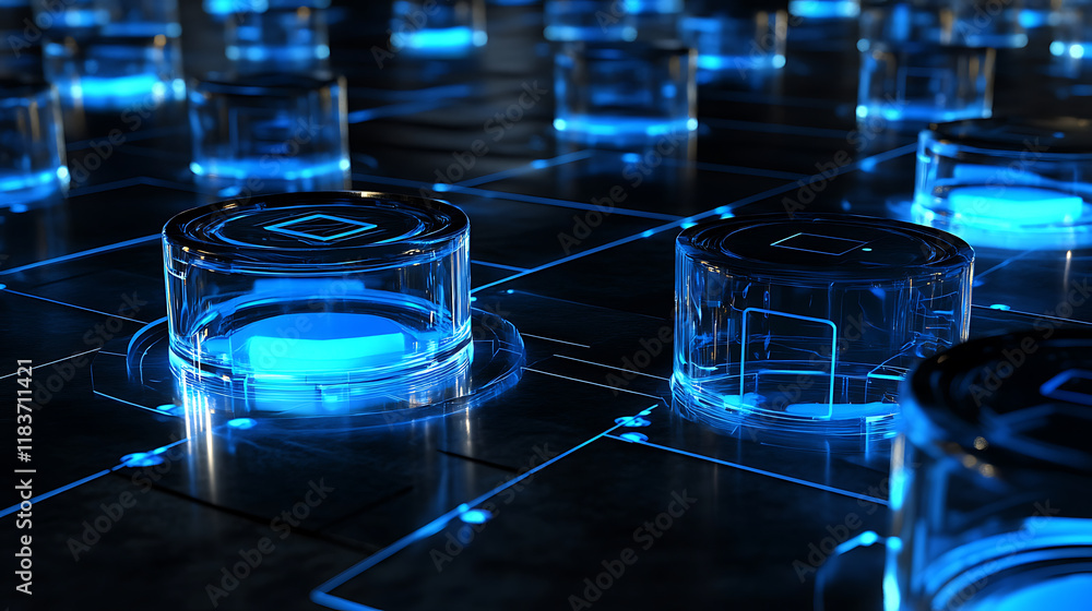 Poster Modern 3d graphic with abstract blue futuristic guard shields in power buttons protection, cyber security, and insurance concepts geometric background wireframe light connection structure modern 3d