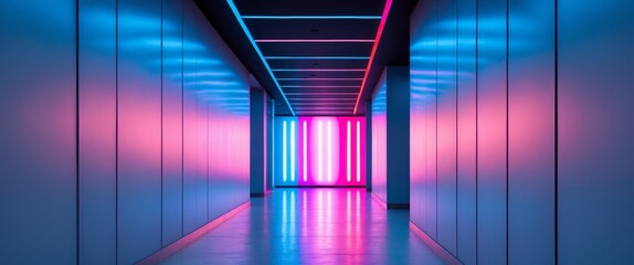 Vibrant neon light panels in modern hallway with colorful glow