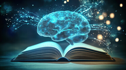 An open book with an AI brain and glowing lines emerging from it, representing the fusion of traditional knowledge and artificial intelligence for digital learning