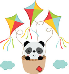 Cute panda flying inside basket with kites