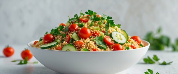 White bowl filled with classic couscous salad and vegetables