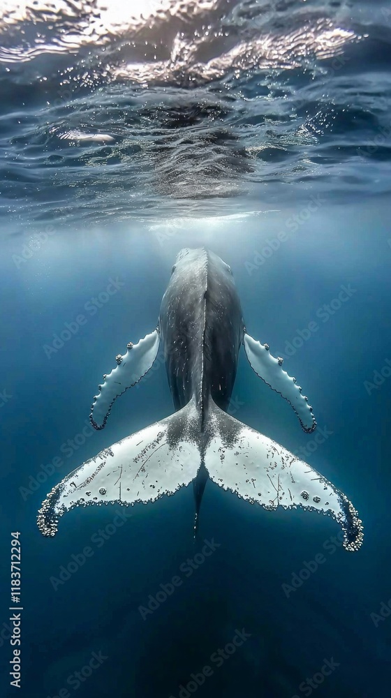 Poster an awe-inspiring humpback whale plunges beneath the surface, revealing its powerful tail fin in a st