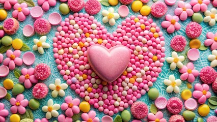 Obraz premium Pink heart-shaped candies in a colorful arrangement, with a floral pattern surrounding them