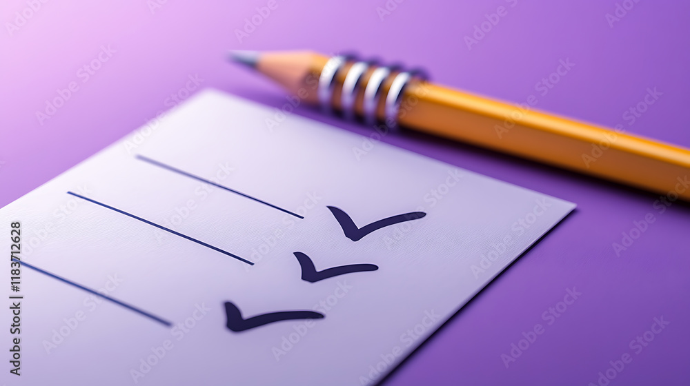 Poster Notes with check mark, completed checklist or task list, report or paper document with pencil, task management concept, cartoon icon isolated on purple background, 3d rendering