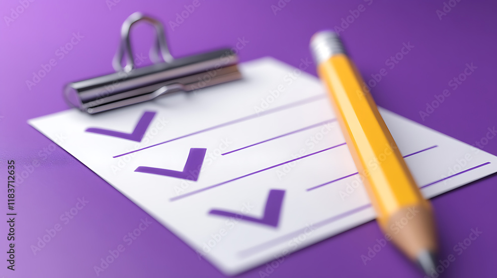 Aufkleber Notes with check mark, completed checklist or task list, report or paper document with pencil, task management concept, cartoon icon isolated on purple background, 3d rendering
