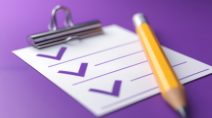 Notes with check mark, completed checklist or task list, report or paper document with pencil, task management concept, cartoon icon isolated on purple background, 3d rendering