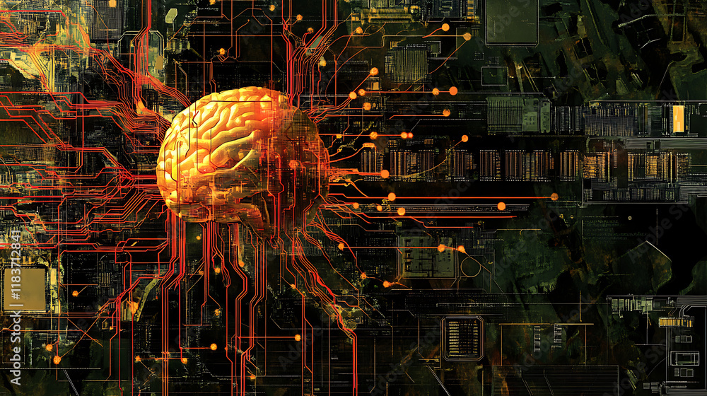 Aufkleber neuronal network concept with chip and circuits, illustration