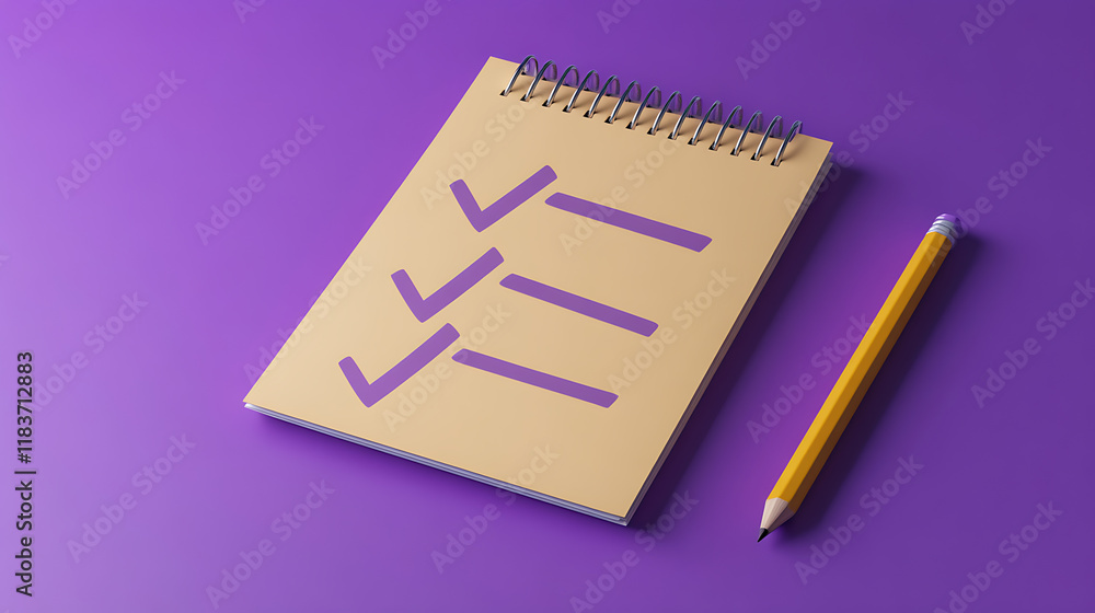 Poster Notes with check mark, completed checklist or task list, report or paper document with pencil, task management concept, cartoon icon isolated on purple background, 3d rendering