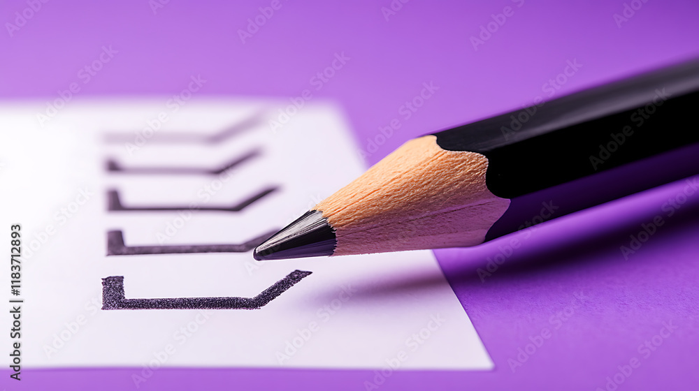 Poster notes with check mark, completed checklist or task list, report or paper document with pencil, task 