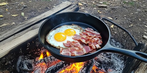 Cast iron pan with bacon and eggs cooking over campfire.