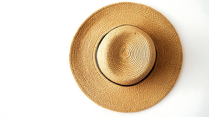 On a white background, a top view panama hat is isolated