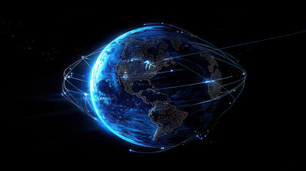 Digital blue Earth with glowing lines and a global network connection on a black background