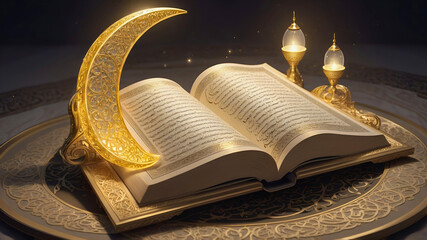 An open Quran glows with golden light, its pages filled with intricate Arabic calligraphy, surrounded by floating crescent moons and lanterns