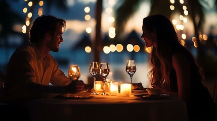 A romantic couple sharing a special dinner moment under candlelight