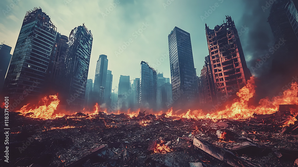 Poster post-apocalyptic cityscape: a view of the destroyed buildings, burning rubble, and polluted environm
