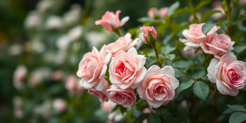 Pink roses, garden setting, soft focus background, lush green foliage, delicate petals, romantic atmosphere, natural lighting, blooming flowers, pastel colors, dreamy aesthetic, shallow depth of field