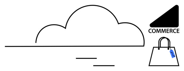 Cloud icon with horizontal lines indicating connectivity, triangle labeled Commerce, tagged shopping bag. Ideal for technology, e-commerce, data storage, digital marketing, online shopping, business