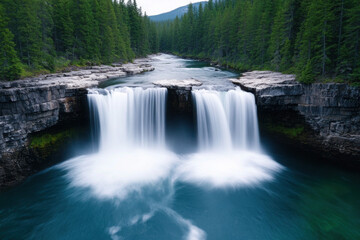 Fototapeta premium A beautiful waterfall cascading through a serene forest landscape.