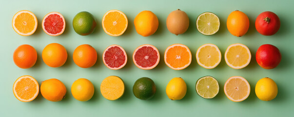 Vibrant display of various citrus fruits in a row.