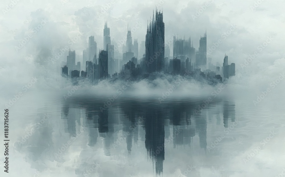 Poster a sight of modern buildings in panorama, overlayed with motion graphics. the backdrop is an abstract