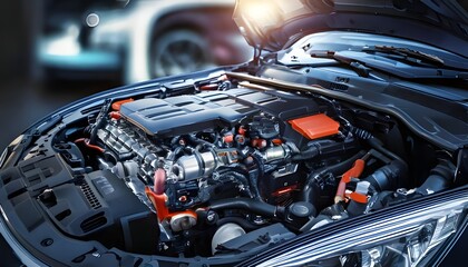 Close-up of a car engine in the workshop