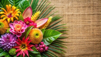 Fototapeta premium Colorful tropical flower arrangement on a natural fiber background, featuring exotic blooms in shades of pink